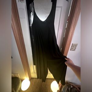 Shoulder tie black romper with flared legs